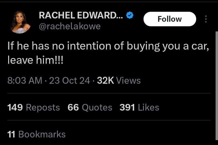 Rachel Edwards tells women to leave a man if he doesn't buy them a car